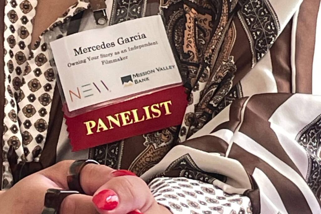 Conference badge identifying Mercedes Garcia as a panelist and independent filmmaker at the 2026 Women in Entertainment Conference.