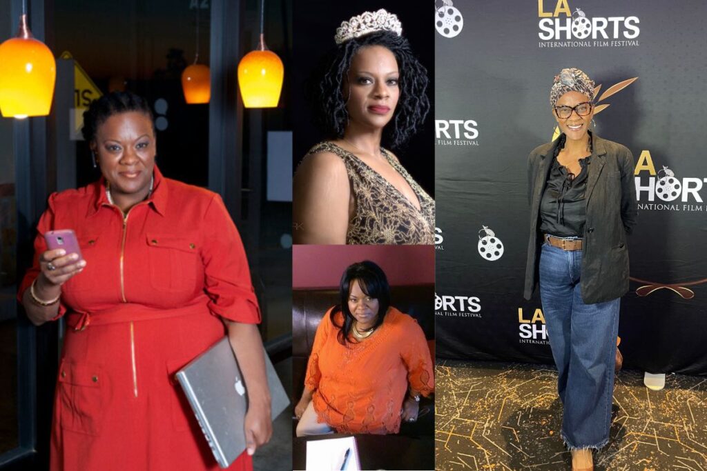 A collage of Lisa N. Alexander at different stages of her life and weight journey, including an appearance at the LA Shorts International Film Festival.